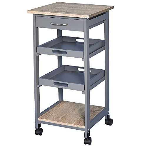 HOMCOM Servierwagen Küchenwagen mit Rollen 2 abnehmbare Tabletts, Schublade, Regal helle Eiche Holz Kiefer grau von HOMCOM