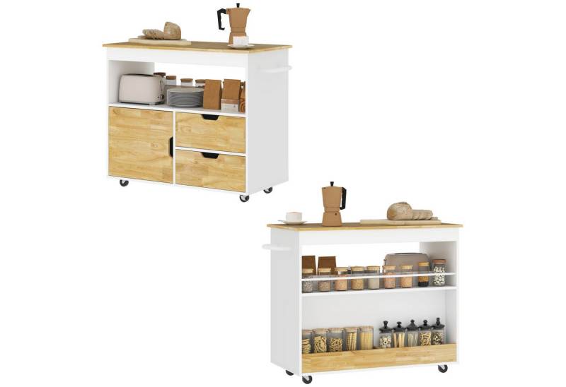 HOMCOM Servierwagen Servierwagen mit Arbeitsplatte, Schubladen, (Rollwagen mit Küchenschrank, 1 St., Kücheninsel), mit offenem Fach für Büro, 107x50x85cm, Eiche von HOMCOM