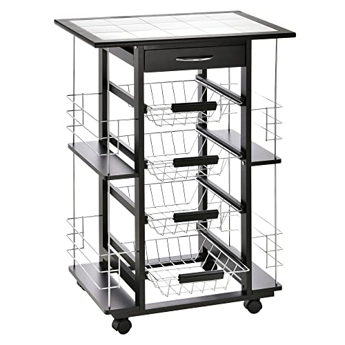 HOMCOM Servierwagen auf Rollen, Küchenwagen mit Arbeitsplatte und Gewürzregal, Rollwagen, Küchentrolley, Kieferholz, Schwarz, 57 x 37 x 83 cm von HOMCOM