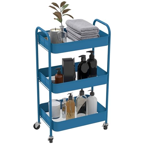 HOMCOM Servierwagen aus Stahl, Servierwagen mit Rollen, 3 Ebenen, perforierte Tabletts – 45 x 30,6 x 79 cm – Dunkelblau von HOMCOM