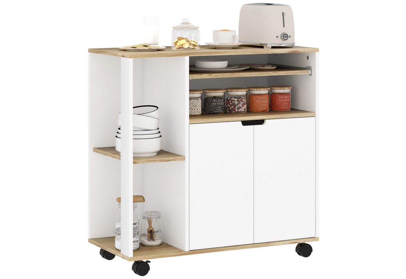 HOMCOM Servierwagen mit Schrank, verschiebbaren und verstellbaren Einlegeböden, (Küchenwagen, 1 St., Rollwagen), für Esszimmer, 80 x 40 x 82 cm, Weiß von HOMCOM