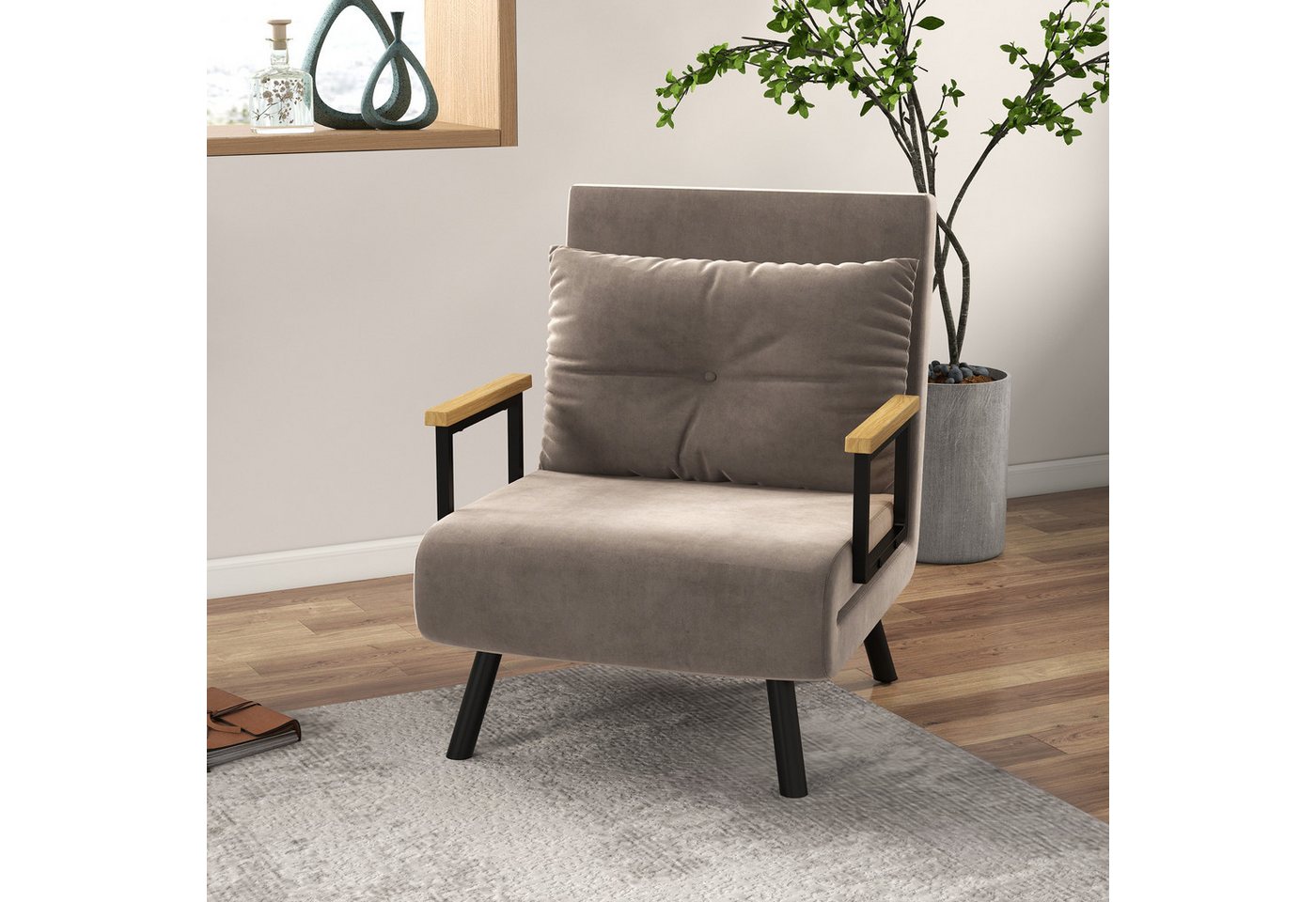 HOMCOM Sessel Gästebett mit Rückenkissen, Polstersofa mit Verstellbarer Rückenlehne (Relaxsessel mit Bettfunktion, 1-St., Schlafsofa), für Schlafzimmer, Wohnzimmer, Hellbraun von HOMCOM