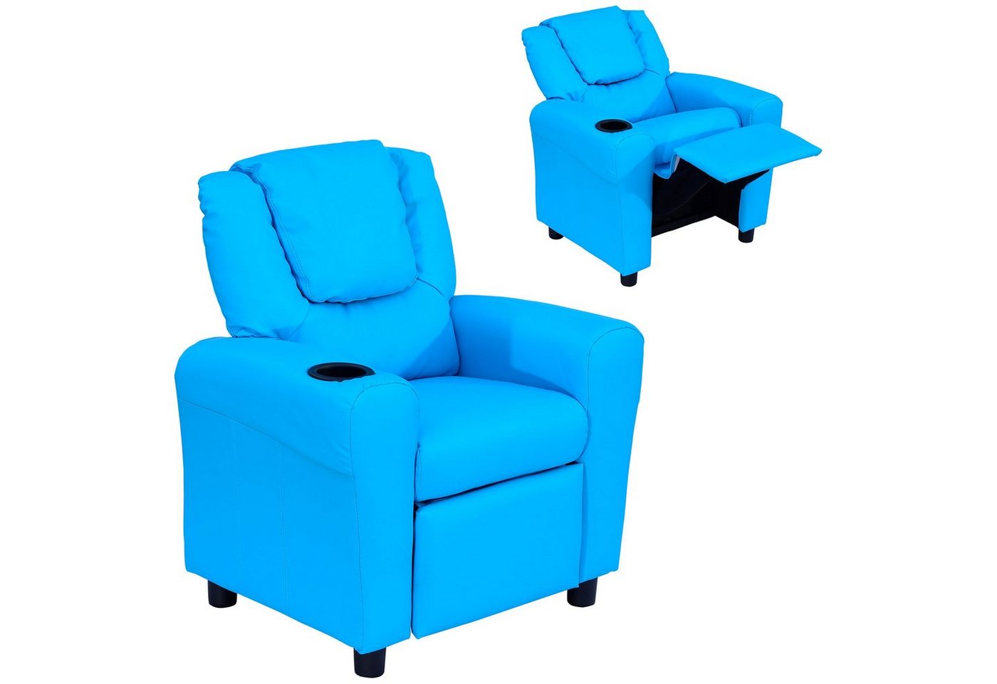 HOMCOM Sessel Kindersessel, Liegefunktion, Eingebauten Becherhalter, Blau (Set, 1-St., Kindersofa für 3-6 Jahre alt), 62B x 52T x 69H cm von HOMCOM