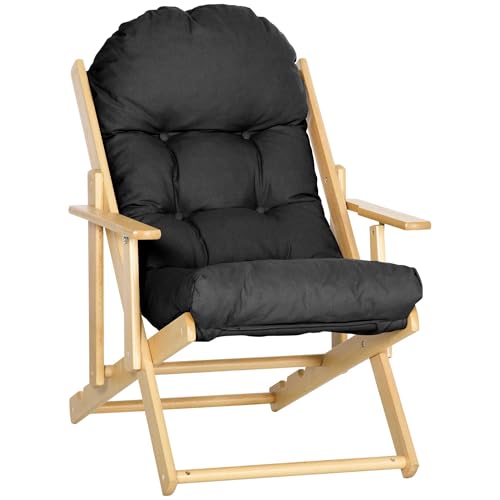 HOMCOM Sessel Wohnzimmerstuhl Faltbar und neigbar aus Holz Bequemer Relaxsessel mit dickem gepolstertem Kissen - 71 x 89 x 96 cm schwarz von HOMCOM