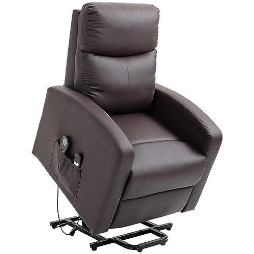 HOMCOM Sessel mit Aufstehhilfe, Elektrischer Relaxsessel mit Liegefunktion, Massagesessel mit Seitentasche, Aufstehsessel mit Fernbedienung, Fernsehsessel aus Kunstleder, Braun von HOMCOM