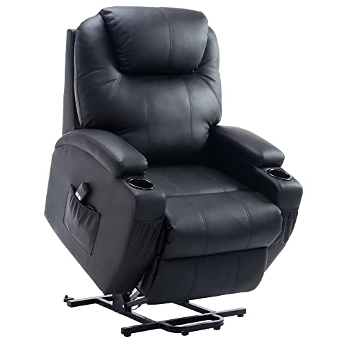 HOMCOM Fernsehsessel mit Aufstehhilfe Elektrisch Relaxsessel mit Liegefunktion, TV-Sessel mit Becherhalter, Seitentasche und Fernbedienung, Kunstleder, Schwarz von HOMCOM
