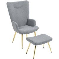 HOMCOM Sessel mit Fußhocker Lounge-Sessel Lesesessel mit goldenen Stahlbeinen, hoher Rückenlehne und Bouclé-Stoff, für Wohnzimmer Schlafzimmer Grau   Aosom von HOMCOM