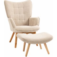 HOMCOM Sessel mit Hocker, Ohrensessel mit Hoher Rückenlehne, Holzbeine, Loungesessel mit getuftetem Design, Cord-Optik, für Wohnzimmer, Beige von HOMCOM