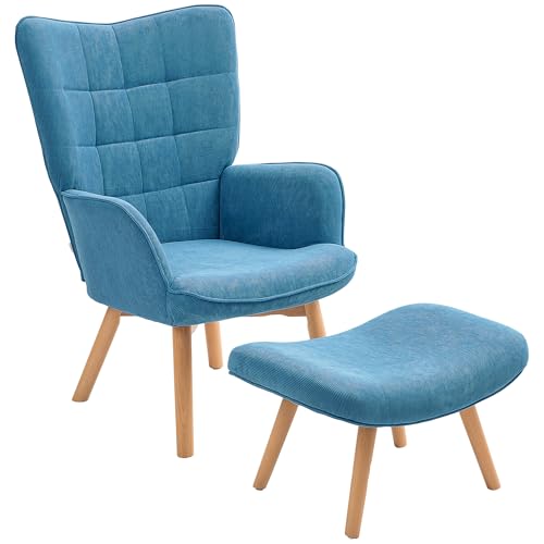 HOMCOM Sessel mit Hocker, Ohrensessel mit Hoher Rückenlehne, Holzbeine, Loungesessel mit getuftetem Design, Cord-Optik, für Wohnzimmer, Blau von HOMCOM