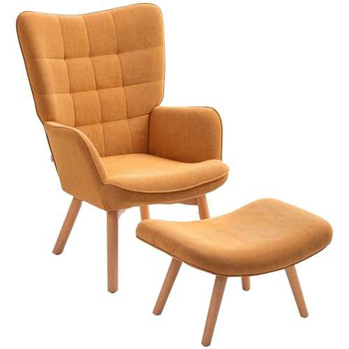 HOMCOM Sessel mit Hocker, Ohrensessel mit Hoher Rückenlehne, Holzbeine, Loungesessel mit getuftetem Design, Cord-Optik, für Wohnzimmer, Braun von HOMCOM