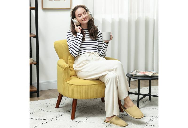HOMCOM Sessel mit abgerundeten Armlehnen, Rückenlehne (Loungesessel, 1-St., Gepolstert Relaxsessel), mit Kordoptik, Holzbeinen, für Wohnzimmer, Schlafzimmer, Gelb von HOMCOM