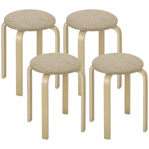 HOMCOM Set aus 4 stapelbaren Küchen- und Wohnzimmerhockern, gepolsterte Hocker mit Leinenbezug und Holzbeinen, Khaki von HOMCOM