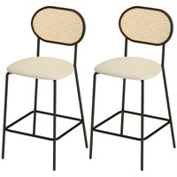 HOMCOM Set mit 2 Barhockern Hohe Küchenhocker mit Rattanrücken, Sitz aus PU-Leder, Stahlrahmen und Fußhocker für Esszimmer Theke Beige   Aosom von HOMCOM