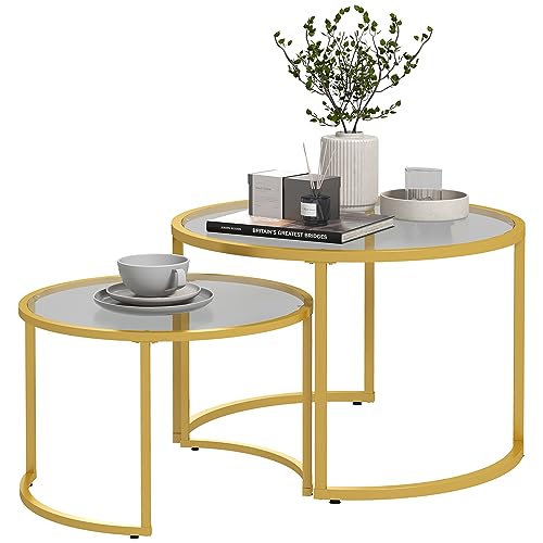 HOMCOM Set mit 2 Couchtischen, rund, 70/54 cm, Platte aus gehärtetem Glas und Fuß aus Karbonstahl, modernes Design, goldfarben von HOMCOM