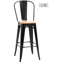 HOMCOM Set mit 4 Industriellen Barhockern mit Rückenlehne Fußstütze Sitzhöhe 76 cm Metall Schwarz Mehrschichtige E1-Spanplatten Holzimitat   Aosom von HOMCOM