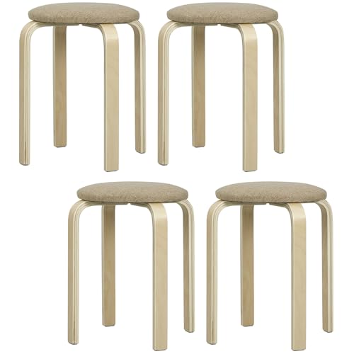 HOMCOM Set mit 4 stapelbaren Hockern, rund, Küchenhocker, mit gepolstertem Sitz für Esszimmer, Schlafzimmer, Büro, Wohnzimmer, Khaki und Natur von HOMCOM
