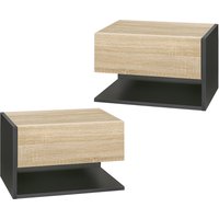 HOMCOM Set von 2 Wandnachttischen - Set von 2 Nachttischen - Schublade, Regal, Ablage - Zweifarbiges Eichenholz-Schwarz Aosom HOMCOM Set von 2 Wandnachttischen - Set von 2 Nachttischen - Schublade, Regal, Ablage - Zweifarbiges Eichenholz-Schwarz Aosom von HOMCOM