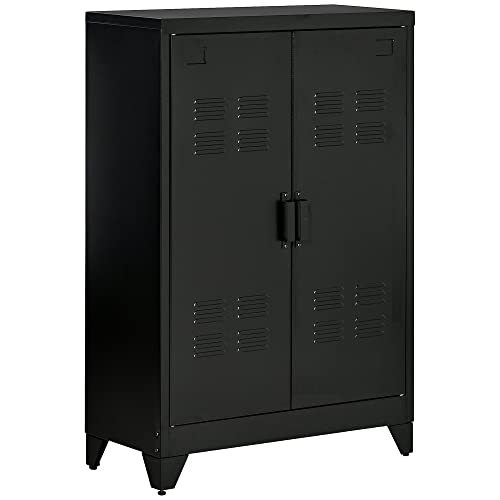 HOMCOM Sideboard Aktenschrank mit Lamellentüren Kleiderschrank Lagerschrank industriell Metall Schrank mit 2 verstellbaren Einlegeböden Wohnzimmer Schlafzimmer Schwarz 75 x 33 x 110 cm von HOMCOM