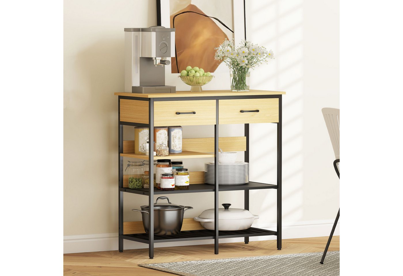 HOMCOM Sideboard Aufbewahrungsschrank mit 2 Schubladen, 3 offenen Regalen (Kommode, 1 St., Küchenschrank), für Küche, Wohnzimmer, Esszimmer, 90x40x91 cm, Naturholz von HOMCOM