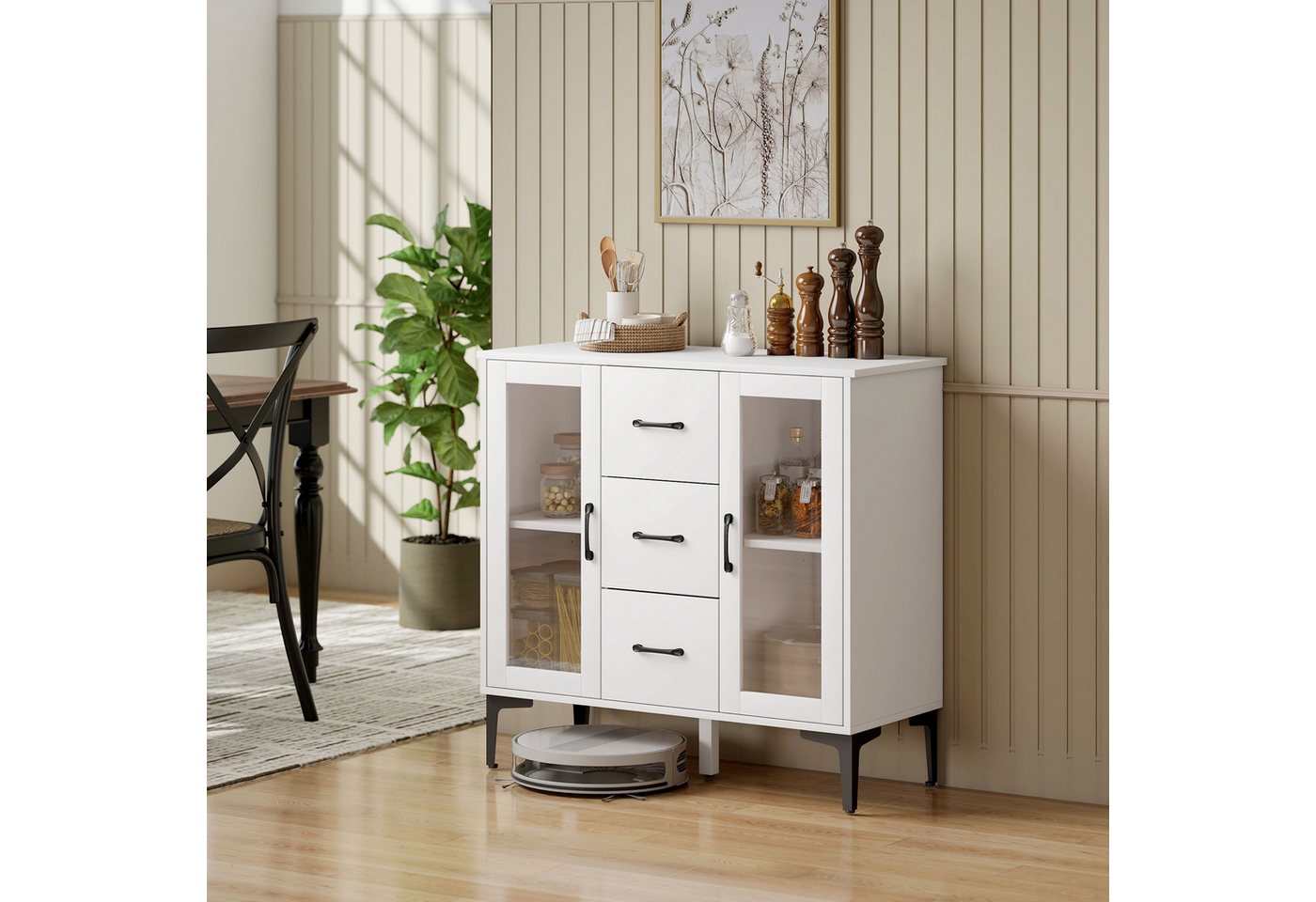 HOMCOM Sideboard mit 3 Schubladen, 2 Glastüren, verstellbaren Regalen (Modern Schubladenschrank, 1 St., Kommode), mit Soft-Close-Scharnieren, für Wohnzimmer Esszimmer Flur, Weiß von HOMCOM