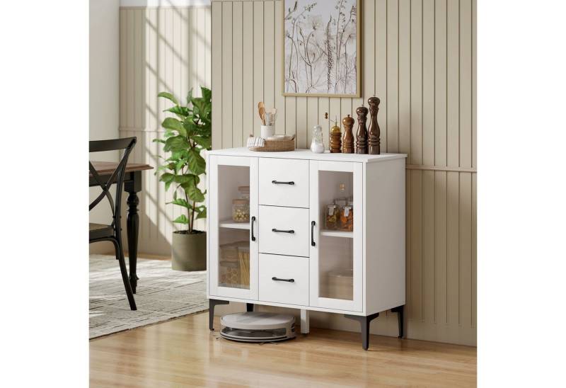 HOMCOM Sideboard mit 3 Schubladen, 2 Glastüren, verstellbaren Regalen (Modern Schubladenschrank, 1 St., Kommode), mit Soft-Close-Scharnieren, für Wohnzimmer Esszimmer Flur, Weiß von HOMCOM