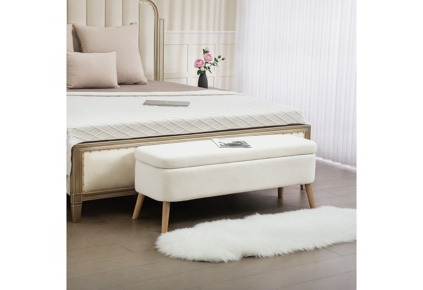 HOMCOM Sitzbank Aufbewahrungshocker (Sitztruhe, 1-St., Sitzhocker mit 65 L Stauraum), 120 x 42 x 45 cm, Cremeweiß von HOMCOM