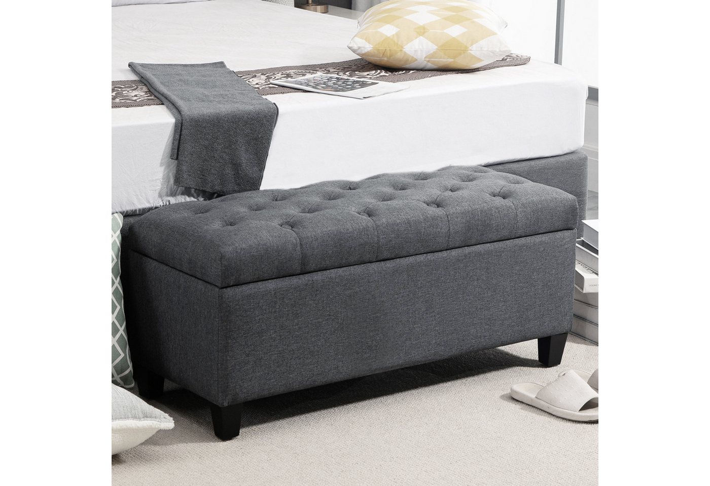 HOMCOM Sitzbank Polsterbank mit Stauraum (Truhenbank, 1-St., Polsterbank), Schlafzimmer, Wohnzimmer, Gummiholz, Dunkelgrau, 100 x 40 x 44 cm von HOMCOM