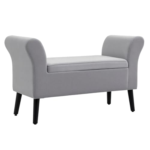 HOMCOM Sitzbank Polsterbank mit Stauraum Armlehnen Truhenbank modern Flur Schlafzimmer Wohnzimmer samtartiges Polyester Gummiholz Hellgrau 111,5 x 41 x 65 cm von HOMCOM