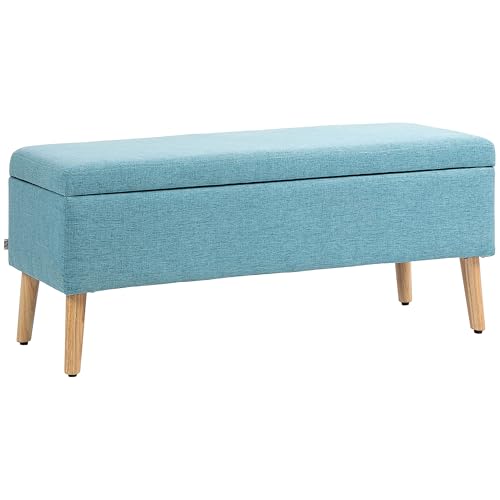 HOMCOM Sitzbank mit Stauraum Polsterbank mit Leinenoptik, Sitztruhe mit Holzbeine, Truhenbank für Wohnzimmer Schlafzimmer Flur 110 x 39 x 45 cm, Blau von HOMCOM