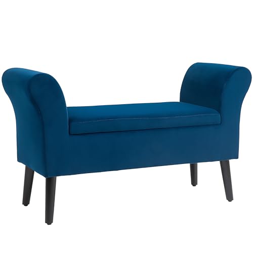 HOMCOM Sitzbank Polsterbank mit Stauraum Bettbank mit Armlehne für Flur Schlafzimmer samtartiges Polyester 111,5 x 41 x 65 cm Blau von HOMCOM