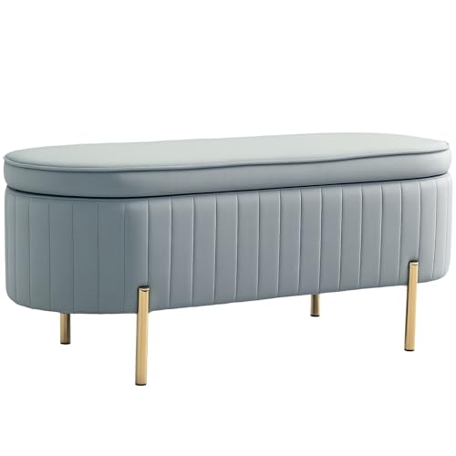 HOMCOM Sitzbank mit Aufbewahrungsbox, oval, 72 l, geriffeltes Design mit Deckel und gepolstertem Sitz, Sitzbank aus Samt und Beinen aus Kiefernholz, 108 x 44 x 43,5 cm, Grau von HOMCOM