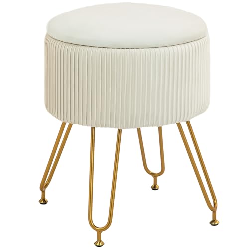 HOMCOM Sitzhocker mit Stauraum 2-in-1 Runder Hocker mit Deckel, Fußhocker, Beistelltisch, Polsterhocker mit Samtoptik, Stahlbeine Ø40 x 48 cm Cremeweiß von HOMCOM