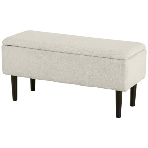 HOMCOM Sitzbank mit Stauraum, Bettbank, Polsterbank mit Klappdeckel, Samtoptik, Truhenbank, für Wohnzimmer, Schlafzimmer, Creme, 95 x 38 x 45 cm von HOMCOM