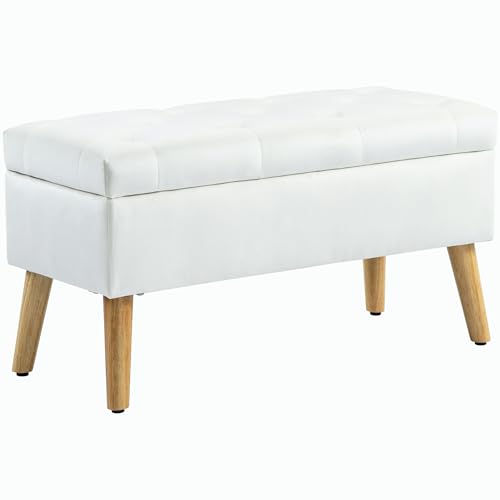 HOMCOM Sitzbank mit Stauraum, Polsterbank mit Deckel, Bettbank mit Samtoptik, für Flur Schlafzimmer Wohnzimmer, Gummiholz 80 x 35 x 40 cm Weiß von HOMCOM