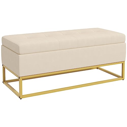 HOMCOM Sitzbank mit Stauraum, Polsterbank mit Klappdeckel, Bettbank mit Samtoptik, Truhenbank mit Stahlbeine, für Wohnzimmer, Schlafzimmer, Beige, 110 x 44 x 49 cm von HOMCOM