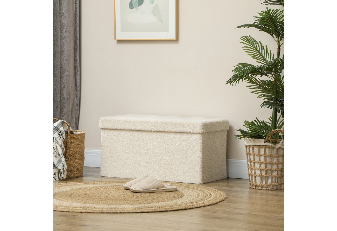 HOMCOM Sitzbank mit Stauraum, faltbar, mit Samtoptik, Sitztruhe (Truhenbank, 1-St., Polsterbank), für Flur Schlafzimmer Wohnzimmer, 76 x 38 x 38 cm Cremeweiß von HOMCOM