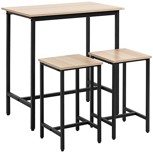 HOMCOM 3-teilig Esszimmergruppe Bartisch mit 2 Stühlen Essgruppe Esstisch Set Bartisch Set für Küche Esszimmer Bistro Industrie-Design Spanplatte Stahlrahmen Naturholz+Schwarz 80 x 50 x 85 cm von HOMCOM