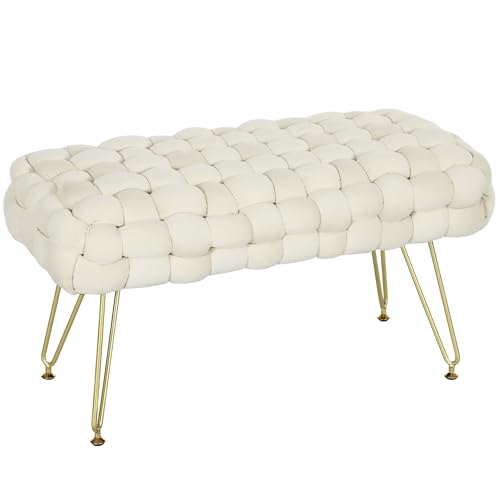 HOMCOM Samt Sitzhocker, Polsterbank mit Kreuzwebdesign, Fußbank mit gepolstertem Sitz, Metallbeine, Fußstütze, für Wohnzimmer, Schlafzimmer, 76 x 38 x 41,5 cm, Cremeweiß von HOMCOM