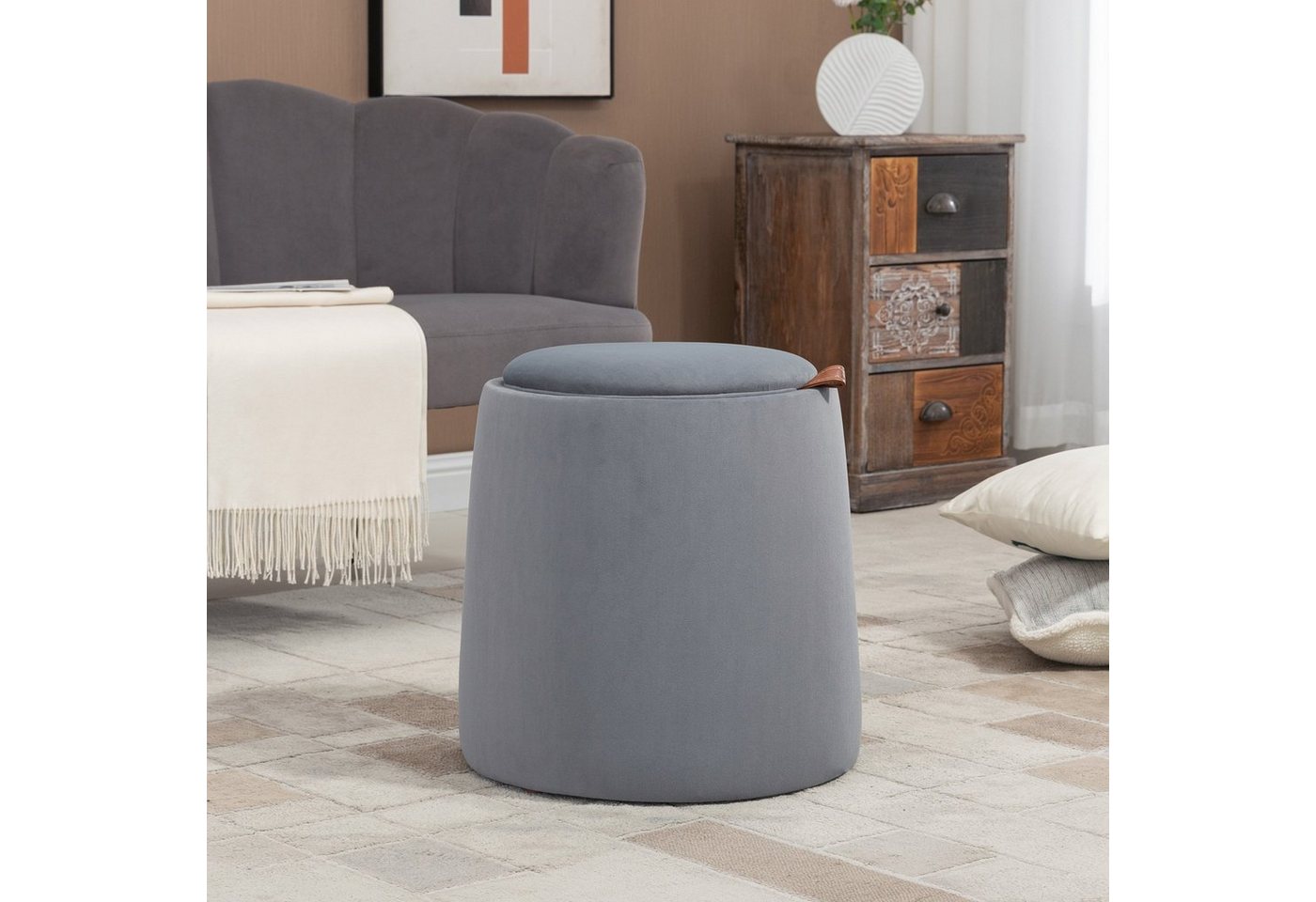 HOMCOM Sitzhocker 2-in-1 Hocker in Samtoptik inklusive Stauraum und abnehmbaren Deckel (Polsterhocker, 1 St., Sitzhocker), Grau Ø44 x 47,5 cm von HOMCOM