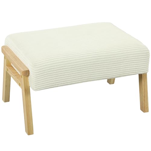 HOMCOM Sitzhocker Hocker mit weichem Sitzkissen Holzbeinen Fußhocker mit Cordoptik Polsterhocker Ottoman für Schlafzimmer, Wohnzimmer, Cremeweiß von HOMCOM