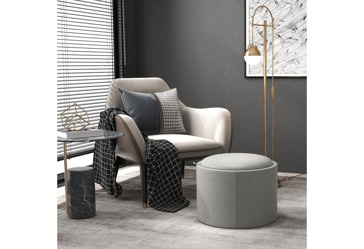 HOMCOM Sitzhocker Ottomane Runder Sitzhocker mit Stauraum, Klappdeckel (56 x 42 x 42 cm Runder Fußhocker mit Leinenoptik, 1 St., Polsterhocker mit Stauraum), für Wohnzimmer, Schlafzimmer, Grau von HOMCOM
