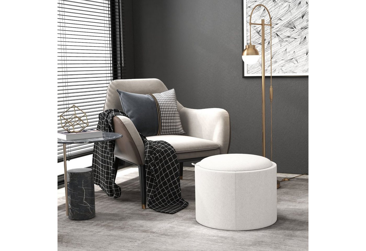HOMCOM Sitzhocker Runder Sitzhocker mit Stauraum (56 x 42 x 42 cm Runder Fußhocker mit Leinenoptik, 1 St., Polsterhocker mit Stauraum), für Wohnzimmer, Schlafzimmer, Cremeweiß von HOMCOM