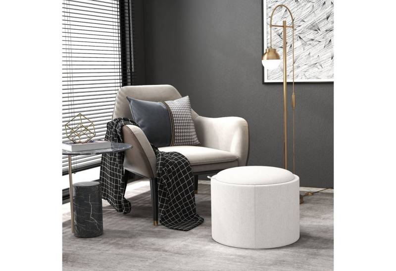 HOMCOM Sitzhocker Runder Sitzhocker mit Stauraum (56 x 42 x 42 cm Runder Fußhocker mit Leinenoptik, 1 St., Polsterhocker mit Stauraum), für Wohnzimmer, Schlafzimmer, Cremeweiß von HOMCOM