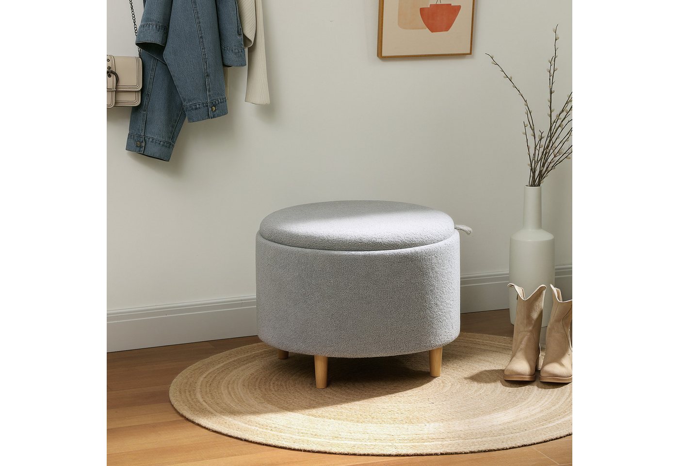 HOMCOM Sitzhocker mit Klappdeckel, Holzbeine (Hocker, 1 St., Polsterhocker), für Wohnzimmer, Schlafzimmer, Grau, Ø56 x 42 cm von HOMCOM