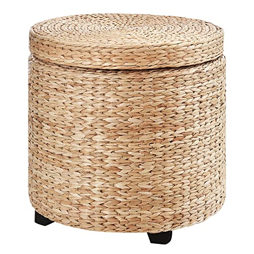 HOMCOM Sitzhocker mit Stauraum, Fußhocker, Fußstützen Hocker, Aufbewahrungsbox, Deckel Abnehmbar, Stroh Rattan, Khaki, Ø43 x 43 cm von HOMCOM