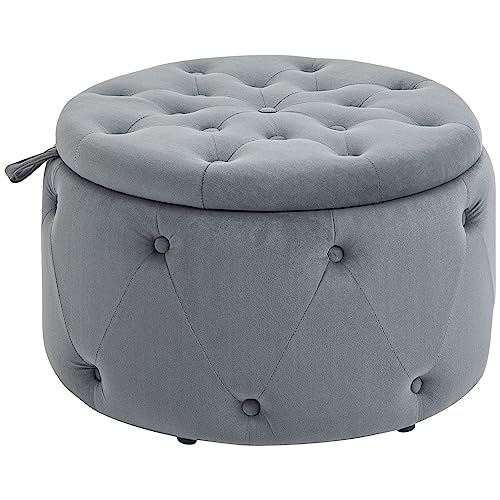 HOMCOM Sitzhocker mit Stauraum, Polsterhocker Aufbewahrungsbox mit Deckel, Runde Ottomane, Sitztruhe mit Samtoptik, Knöpfen für Wohnzimmer, Grau, Ø60 x 40 cm von HOMCOM