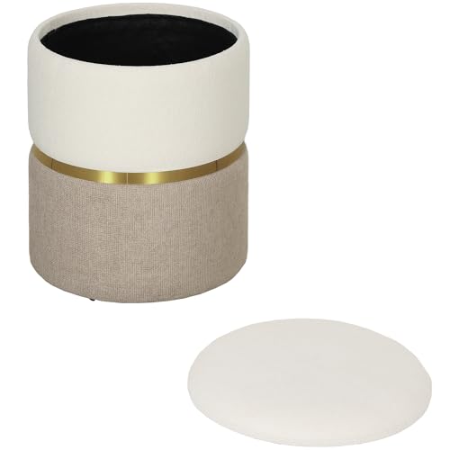 HOMCOM Sitzhocker mit Stauraum Hocker mit Deckel, Metallring, zweifarbig Design Runder Fußhocker Polsterhocker, Chenille 36 x 36 x 44 cm Cremeweiß von HOMCOM
