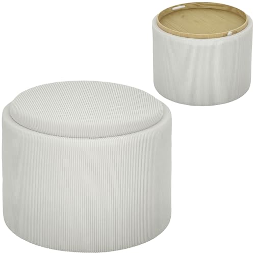 HOMCOM Sitzhocker mit Stauraum Hocker mit Deckel, Runder Fußhocker Polsterhocker Couchtisch mit Cord-Optik 56 x 56 x 42 cm Cremeweiß von HOMCOM