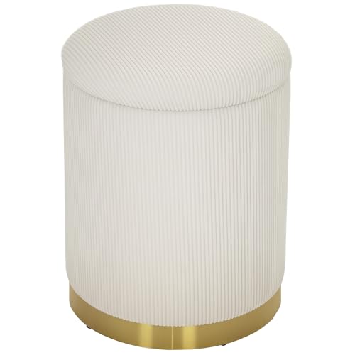 HOMCOM Sitzhocker mit Stauraum Hocker mit Deckel, Stahlboden, Runder Fußhocker Polsterhocker mit Fußpads, Kordoptik 36 x 36 x 44 cm Cremeweiß von HOMCOM