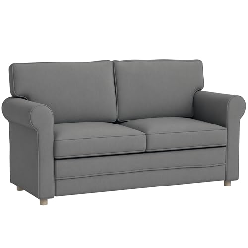 HOMCOM Sofa 2 Sitzer Couch mit Armlehne Dick Gepolstert Doppelsofa Modern Polstersofa mit S-Feder, Leinenoptik, Holzbeine für Schlafzimmer Wohnzimmer, 150 x 74 x 86 cm, Dunkelgrau von HOMCOM